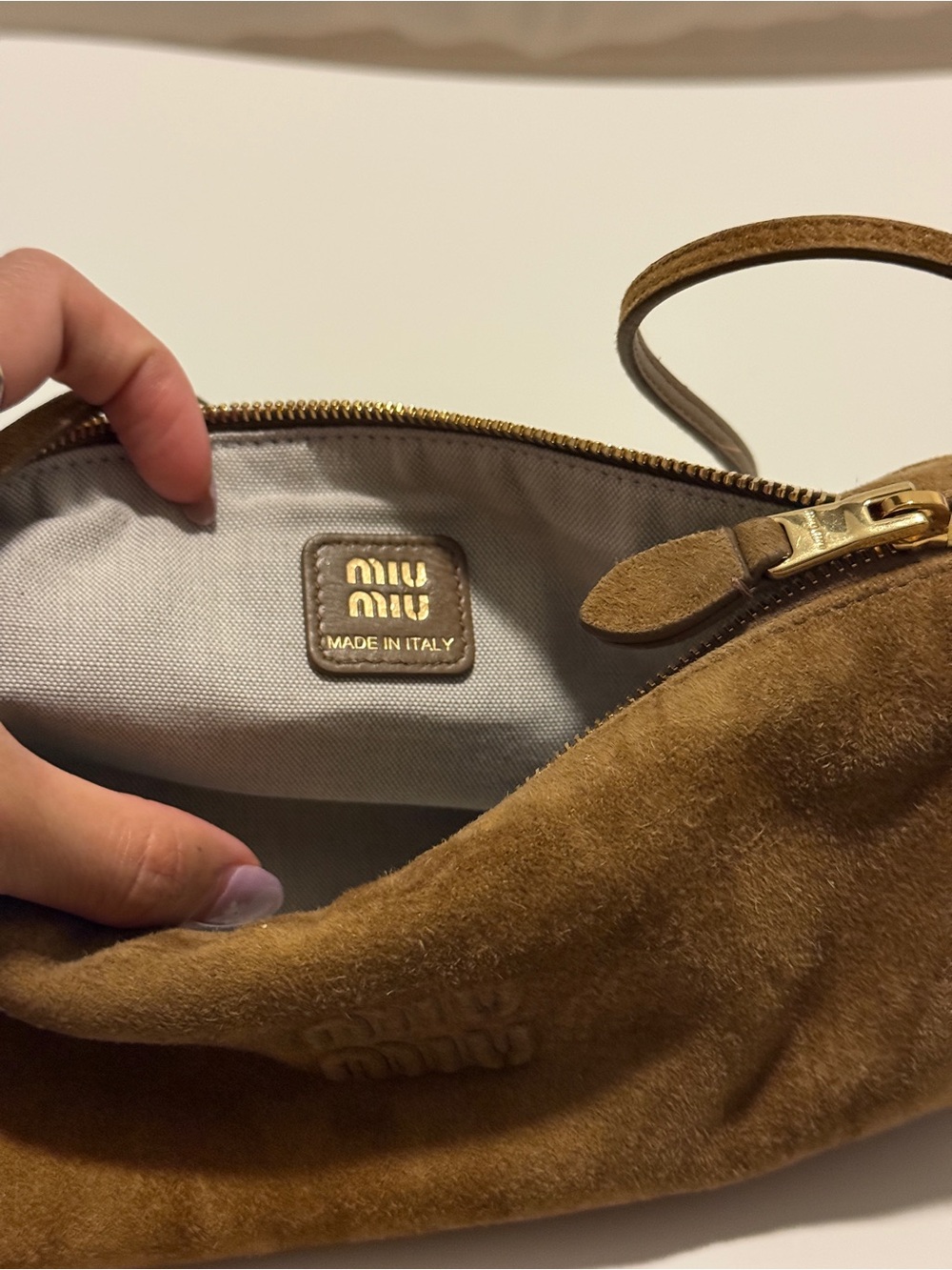 Miu Miu Tan Suede Mini Shoulder Bag with Gold Hardware